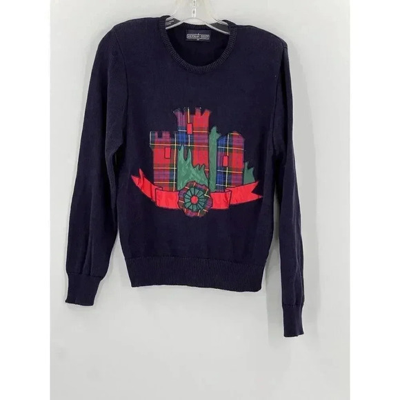 VINTAGE HERMAN GEIST EMBORIDERED PLAID CASTLE COTTON NAVY BLUE SWEATER MEDIUM - Picture 3 of 8